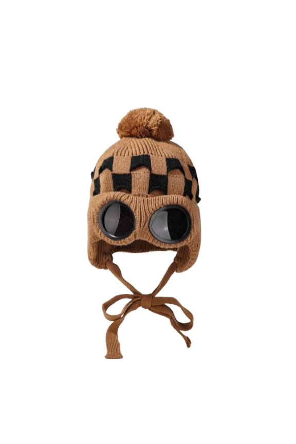Women's Knit Winter Beanie with Ear Flaps Plaid Pattern Pom Pom Ski Hat Cold Weather Warm Accessory Coffee