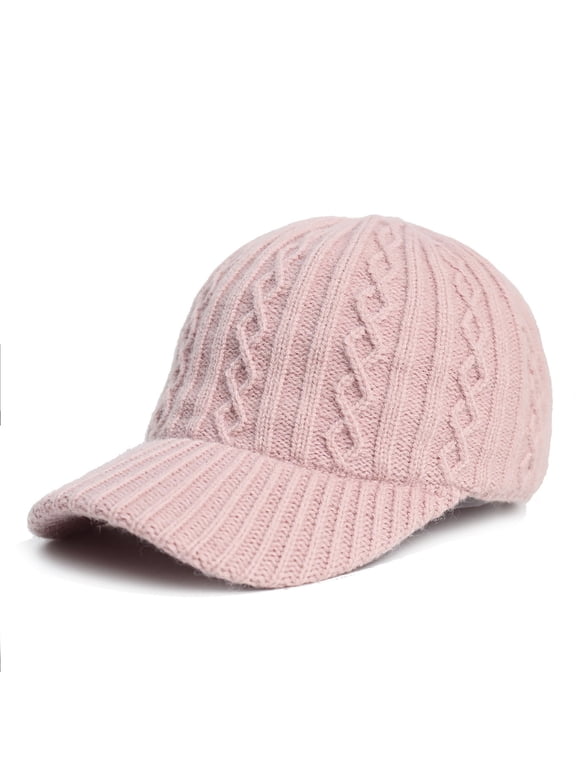 Women's Knitted Baseball Cap Winter Warm Cable Knit Visor Beanie sboy Cap Cold Weather Hat for Men Teens Pink