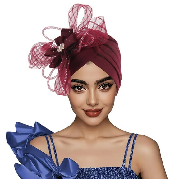 ZQUUVOU Women's Knitted Beanie Elastic Silk Headwear with Flower Stretchy Turban Hat Chemo Cap Bandana Head Wrap Burgundy A