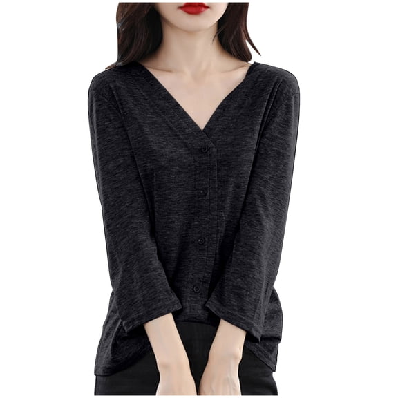 ZQUUVOU Women's Knitted Sweater Casual Solid Color Long Sleeved V-Neck Top (Black,L)