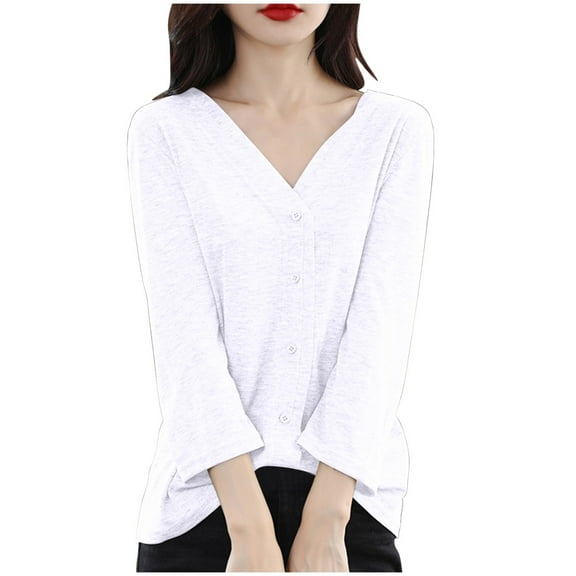 ZQUUVOU Women's Knitted Sweater Casual Solid Color Long Sleeved V-Neck Top (White,2XL)