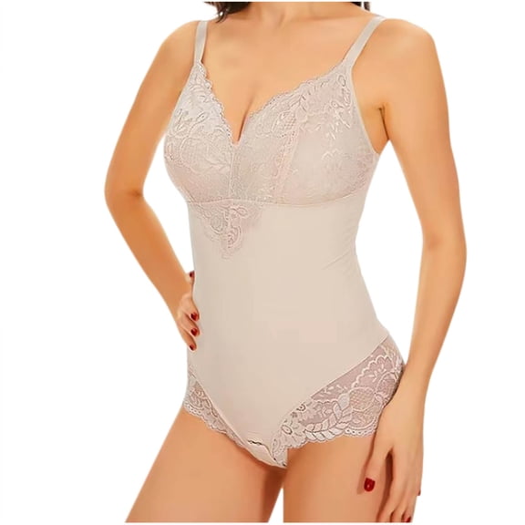 ZQUUVOU Women's Lace Bodysuits Shapewear Tummy Control Body Suits V-Neck Spaghetti Strap Tops Tank Backless Body Shaper Khaki