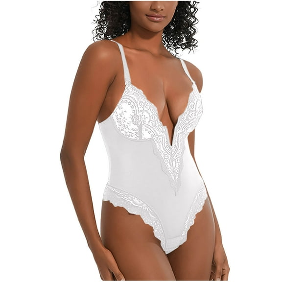 ZQUUVOU Women's Lace Bodysuits Shapewear Tummy Control Body Suits V-Neck Spaghetti Strap Tops Tank Backless Body Shaper White B