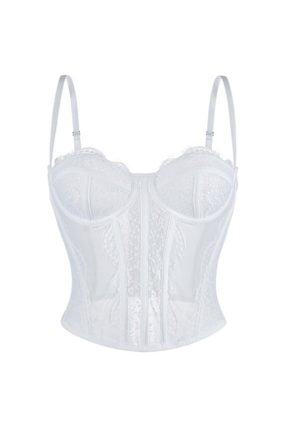 Women's Lace Boned Corset Top Adjustable Spaghetti Straps Back Tie Waist Cincher Shapewear for Wedding Going Out White