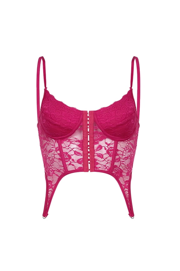 Women's Lace Bustier Corset Tops Waisted Trainer Bust Support Bralette V Neck Backless Adjustable Strap Crop Tops Hot Pink