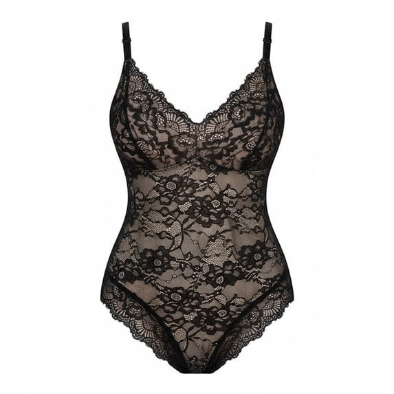 ZQUUVOU Women's Lace Camisole Bodysuit V Neck Tummy Control Waist Trainer Seamless Shapewear One Piece Jumpsuit Black
