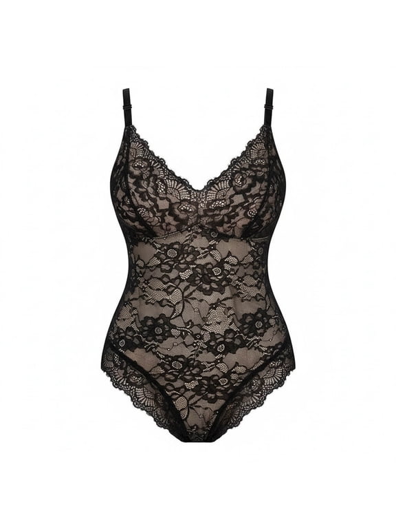 Women's Lace Camisole Bodysuit V Neck Tummy Control Waist Trainer Seamless Shapewear One Piece Jumpsuit Black