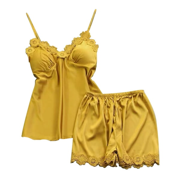ZQUUVOU Women's Lace Camisole Pajamas Set Built In Bra Support Sleeveless Sleepwear Comfortable Lounge Wear Yellow