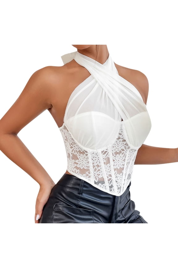 Women's Lace Halter Backless Vintage Trendy Cropped Tank Tops Corset Body Suits Sleeveless Slim Tank Top White A