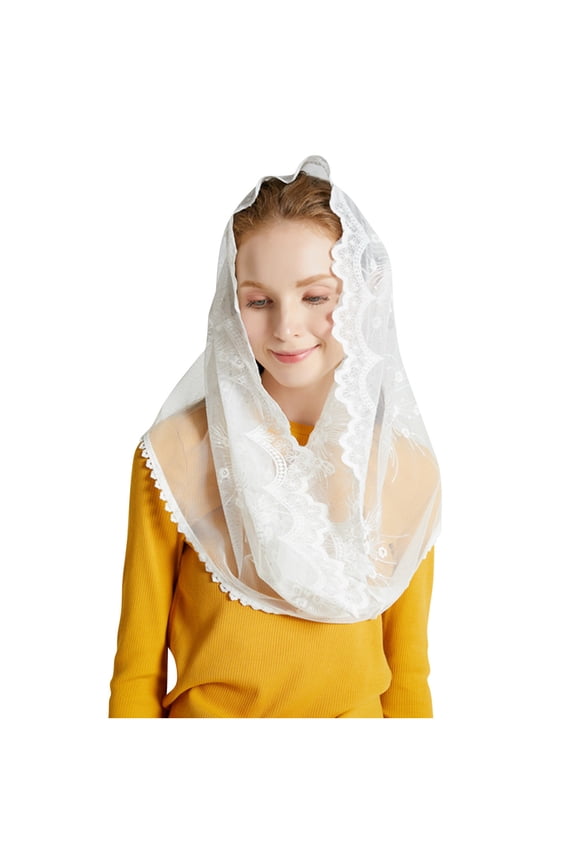 Women's Lace Headscarf Shawl Sheer Floral Triangle Mantilla Scarf Printed Silk Soft Shawl Scarf White