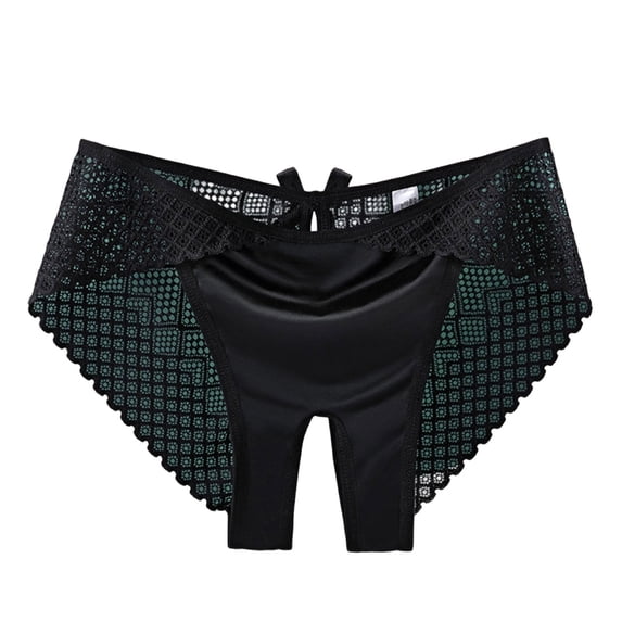ZQUUVOU Women's Lace Open Crotch Briefs Cute Bow Grid Mesh Splice Satin Underwear Panties Cheeky Hipster Thong Panty Black