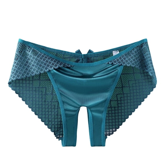 ZQUUVOU Women's Lace Open Crotch Briefs Cute Bow Grid Mesh Splice Satin Underwear Panties Cheeky Hipster Thong Panty Blue