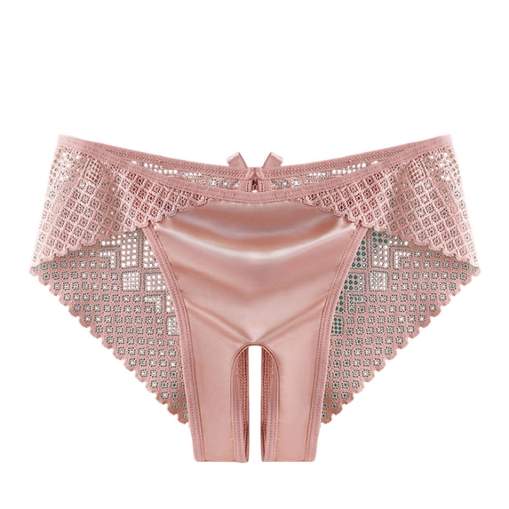 ZQUUVOU Women's Lace Open Crotch Briefs Cute Bow Grid Mesh Splice Satin Underwear Panties Cheeky Hipster Thong Panty Pink