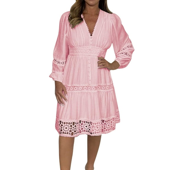 ZQUUVOU Women's Lace Trim Dress Long Sleeve Elegant Knee Length Dress Eyeley Hem Wedding Guest Formal Party Pink