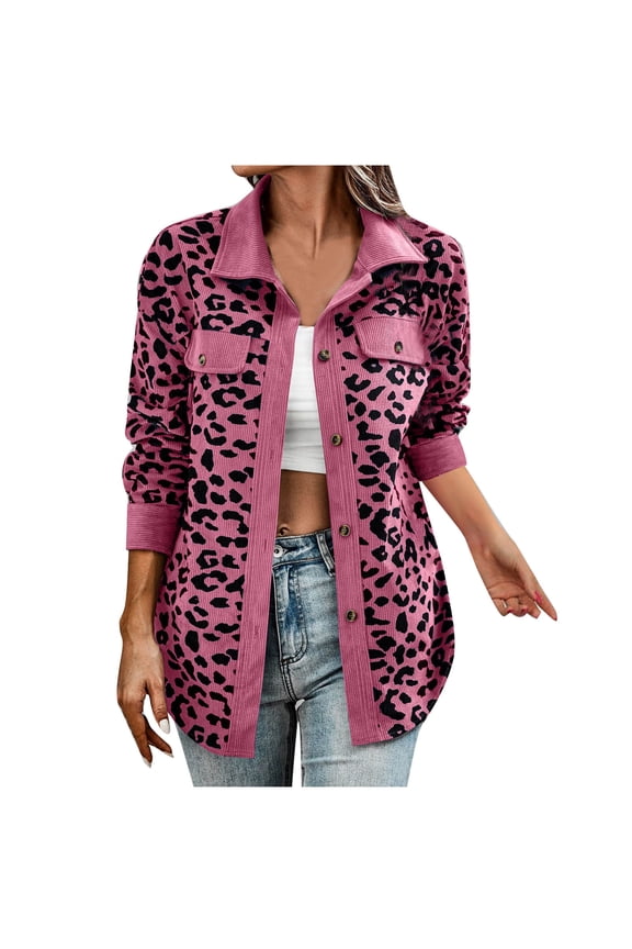 Women's Leopard Print Blouse Button Front Collar Fall Trendy Long Sleeve Tops with Pockets Soft Winter Tops Hot Pink