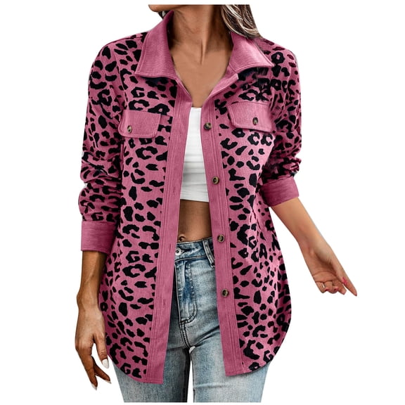 ZQUUVOU Women's Leopard Print Blouse Button Front Collar Fall Trendy Long Sleeve Tops with Pockets Soft Winter Tops Hot Pink