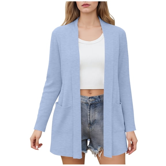 ZQUUVOU Women's Lightweight Cardigan Solid Color Open Front Sweater Jacket Long Sleeve Pocket Knit Sweater Light Blue