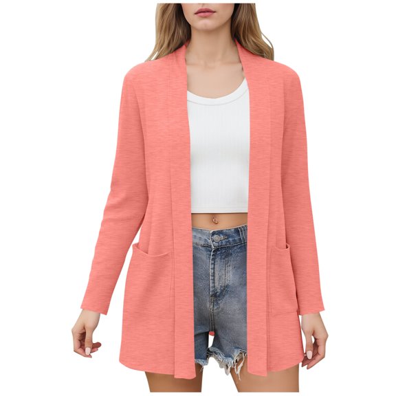 ZQUUVOU Women's Lightweight Cardigan Solid Color Open Front Sweater Jacket Long Sleeve Pocket Knit Sweater Watermelon Red