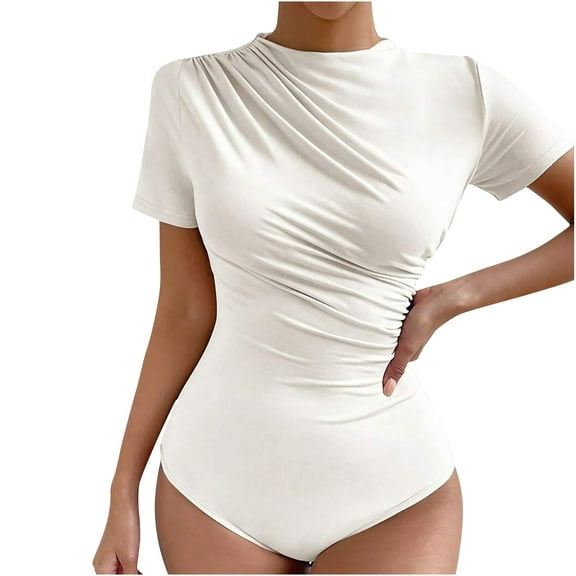 ZQUUVOU Women's Lightweight Ruched Bodysuit Cotton Short Sleeve Crew Neck Tummy Control Stretchy Casual Shapewear White