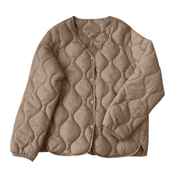 ZQUUVOU Women's Lightweight Winter Jacket Thermal Lined Quilted Jacket Crew Neck Base Layer Fall Trendy Outfits Khaki