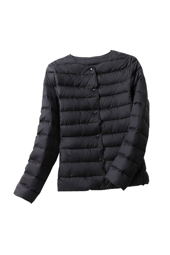 Women's Lightwieght Down Jacket Winter Crew Neck Snap Long Sleeve Padded Jacket with Pockets Thin Warm Outerwear Black