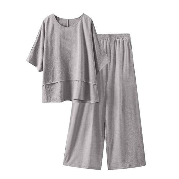 ZQUUVOU Women's Linen 2 Piece Set Summer Loose Crew Neck Shirt 3/4 Sleeve Tops with Long Pants Casual Comfortable Suit Gray