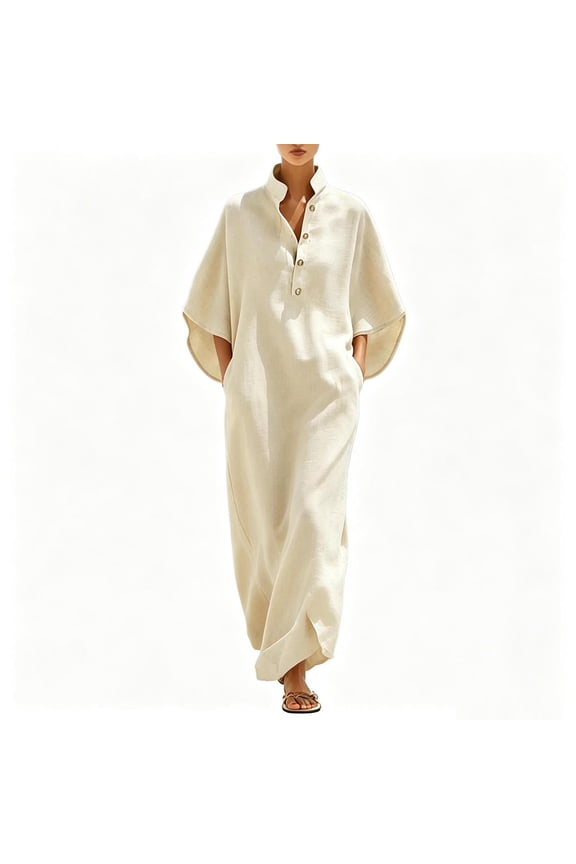 Women's Linen Kaftan Maxi Dress Stand Collar Half Button Batwing Sleeve Loose Casual Caftan with Pockets Summer Vacation Beige