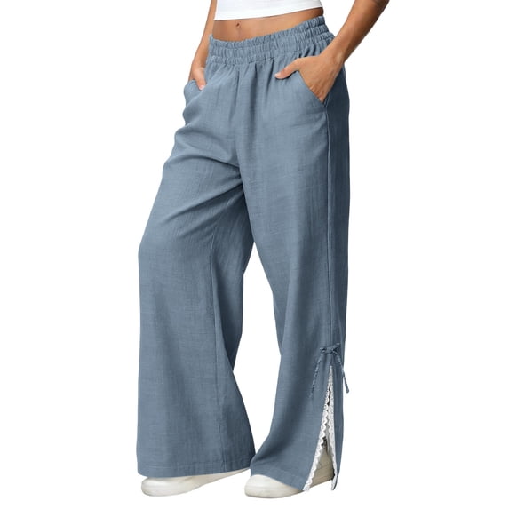 ZQUUVOU Women's Linen Palazzo Pants Side Slit Lace Trim Wide Leg Flowy Pants Elastic Waist Casual Summer Beach Vacation Clothes Dark Gray