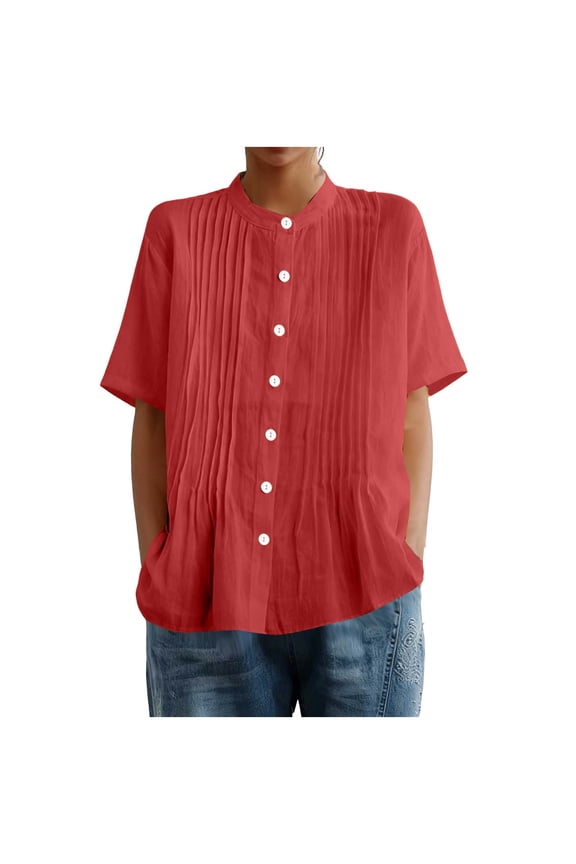 Women's Linen Short Sleeve Blouse Round Neck Button Front Pleated Cotton Open Shirts for Spring Summer Red