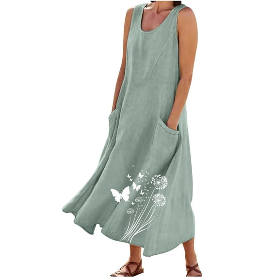 ZQUUVOU Women's Linen Tank Dress Summer Printed Sleeveless Round Neck Spring Dresses with Pockets Casual Beach Maxi Sundress Sky Blue