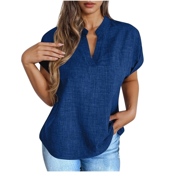 ZQUUVOU Women's Linen V Neck T Shirt Short Sleeve Breathable Solid Color Oversized Casual Tee Spring Summer Outfits Dark Blue