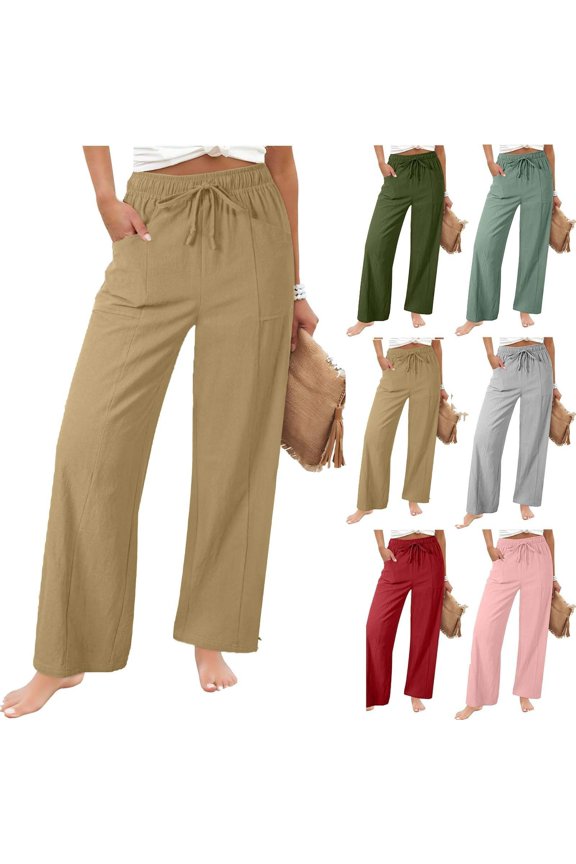 Women's Linen Wide Leg Pants Drawstring Elastic Waist Summer Loose Pants with Side Pockets Breathable Casual Wear Mint Green