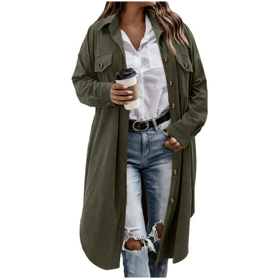 ZQUUVOU Women's Long Corduroy Coat Open Front Cardigan with Pocket Lapel Collar Button Soft Sweater Warm Knitwear Olive Green