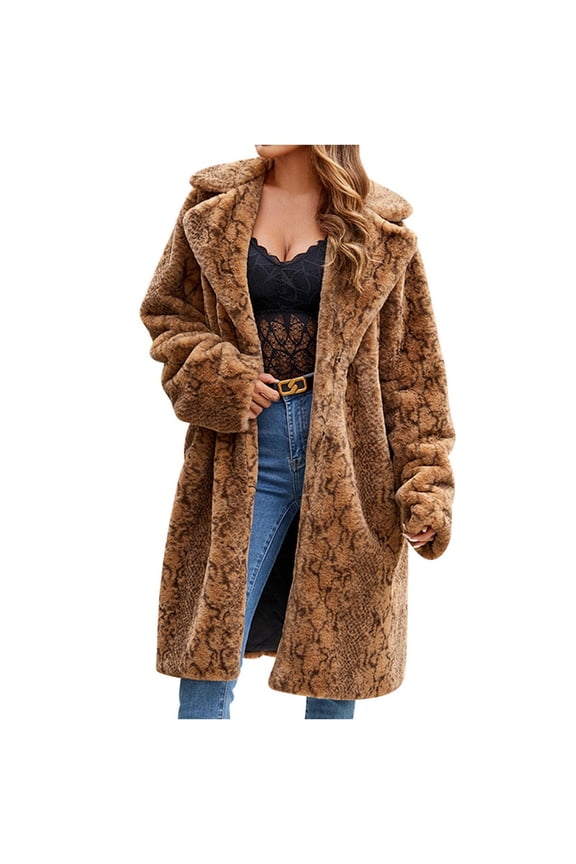 Women's Long Faux Fur Coat Oversized Loose Open Front Lapel Outerwear Winter Jackets Trendy Luxury Trench Coat Brown B