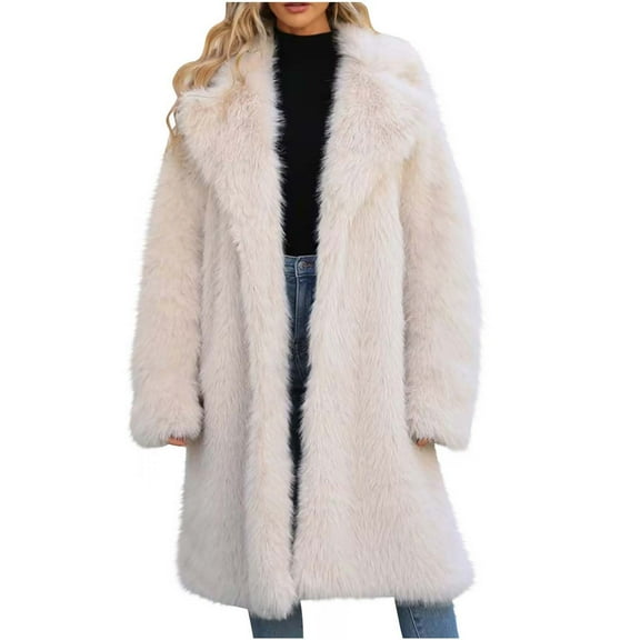 ZQUUVOU Women's Long Faux Fur Coats Oversized Fluffy Large Lapel Jacket Long Sleeve Furry Coats Winter Jacket Beige