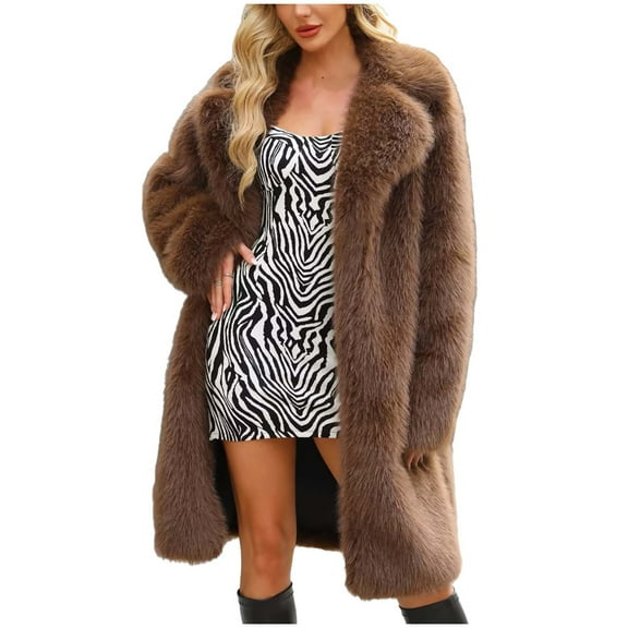 ZQUUVOU Women's Long Faux Fur Coats Oversized Fluffy Large Lapel Jacket Long Sleeve Furry Coats Winter Jacket Coffee