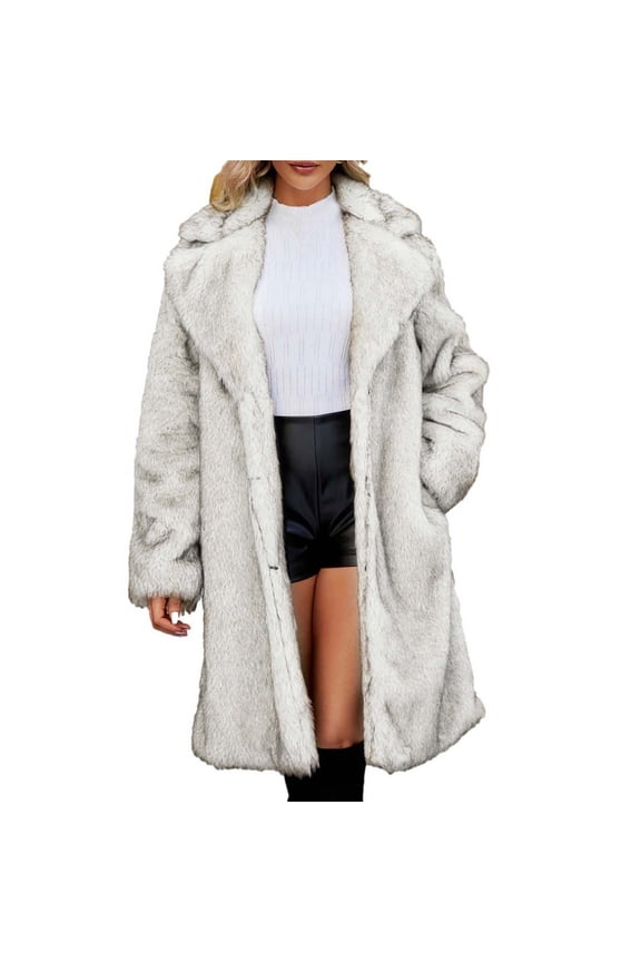 Women's Long Faux Fur Coats Oversized Fluffy Large Lapel Jacket Long Sleeve Furry Coats Winter Jacket Gray