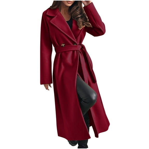 ZQUUVOU Women's Long Fleece Winetr Coat Single Breasted Trench Coat Fall Trendy Casual Formal Warm Outfits Clothes Burgundy