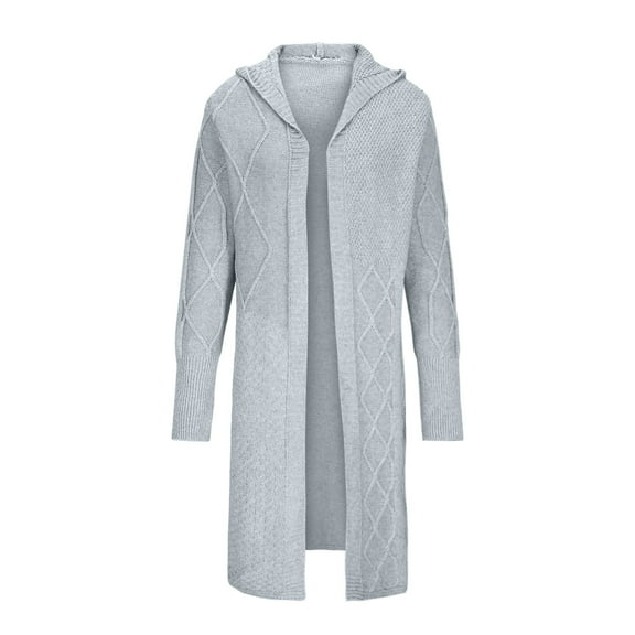 ZQUUVOU Women's Long Hooded Cardigan Solid Color Long Sleeve Loose Cable Knit Sweater Coat Warm Comfortable Winter Wear Gray