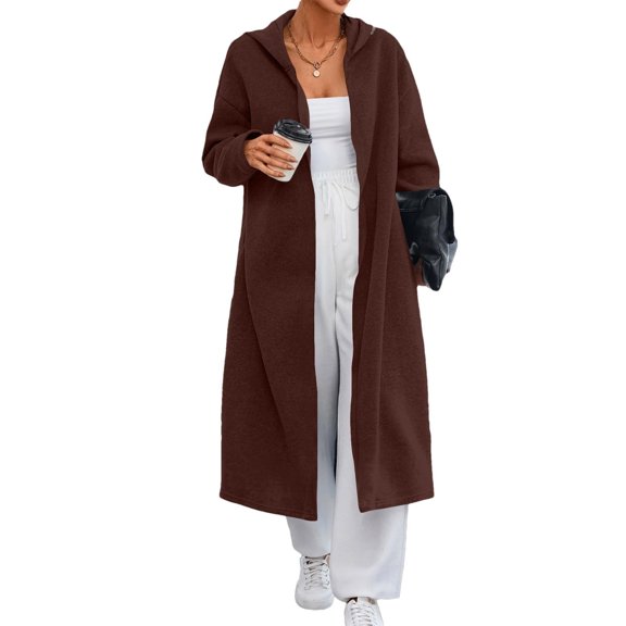 ZQUUVOU Women's Long Hooded Cardigan Solid Color Longline Sweater Coat with Pockets Open Front Casual Loungewear Brown