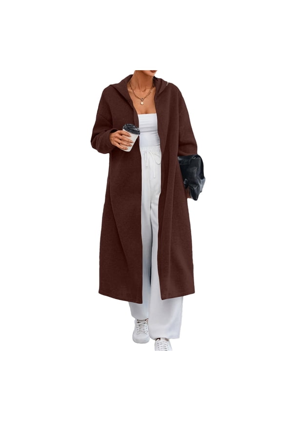 Women's Long Hooded Cardigan Solid Color Longline Sweater Coat with Pockets Open Front Casual Loungewear Brown