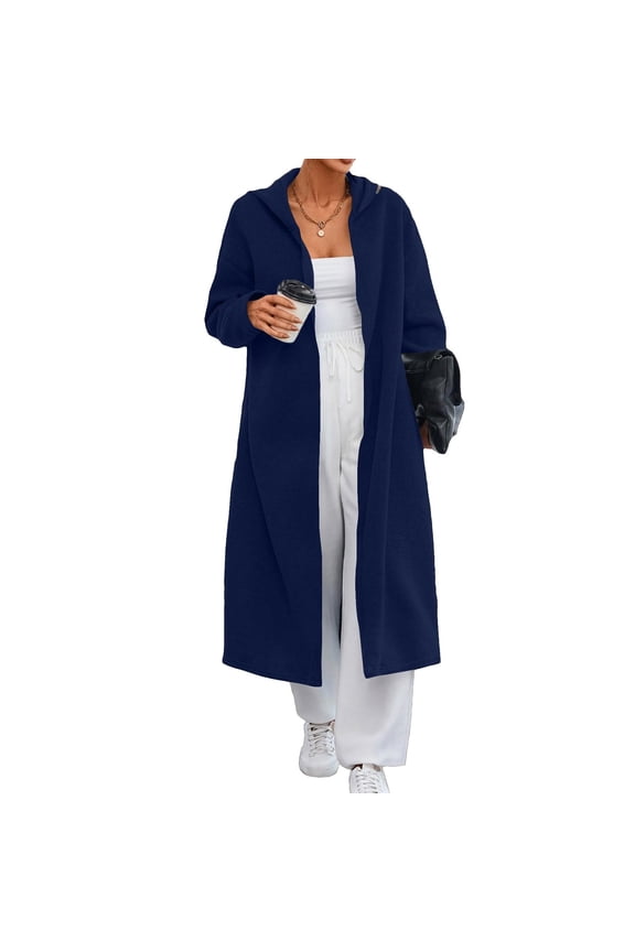 Women's Long Hooded Cardigan Solid Color Longline Sweater Coat with Pockets Open Front Casual Loungewear Dark Blue