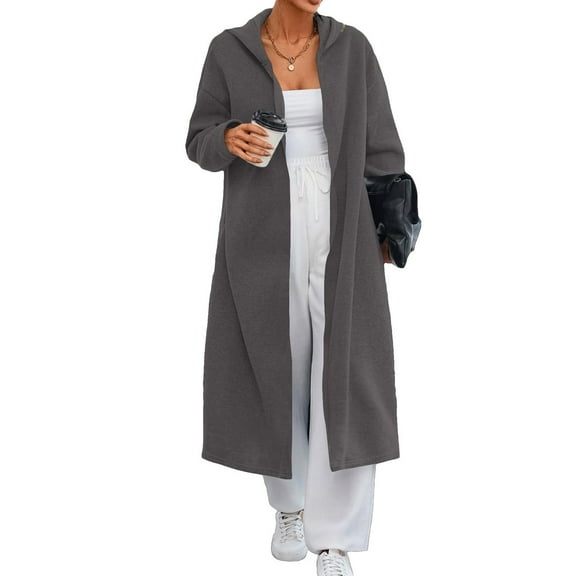 ZQUUVOU Women's Long Hooded Cardigan Solid Color Longline Sweater Coat with Pockets Open Front Casual Loungewear Gray