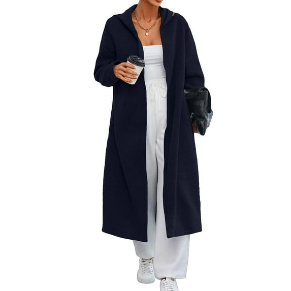 ZQUUVOU Women's Long Hooded Cardigan Solid Color Longline Sweater Coat with Pockets Open Front Casual Loungewear Navy