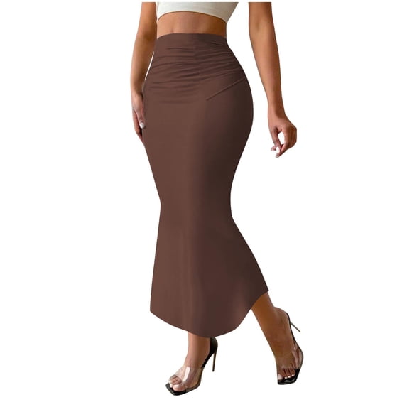 ZQUUVOU Women's Long Pencil Skirt Solid Mermaid High Waist Bodycon Flared Hem Elegant Casual Office Skirt Coffee