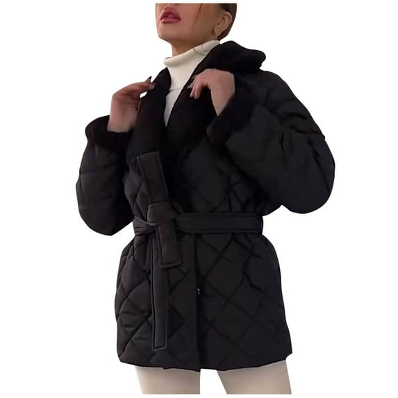 ZQUUVOU Women's Long Puffer Jacket Mid-Length Solid Color Trench Coat with Lapel Collar Waist Belt Cotton Outerwear Black