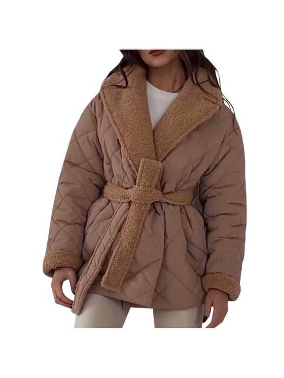 Women's Long Puffer Jacket Mid-Length Solid Color Trench Coat with Lapel Collar Waist Belt Cotton Outerwear Brown