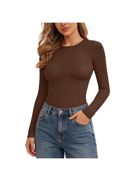 Women's Long Sleeve Shapewear Bodysuit Silk Thong Seamless Body Suits Tummy Control Stretchy One Piece Jumpsuit Coffee
