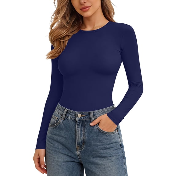 ZQUUVOU Women's Long Sleeve Shapewear Bodysuit Silk Thong Seamless Body Suits Tummy Control Stretchy One Piece Jumpsuit Dark Blue