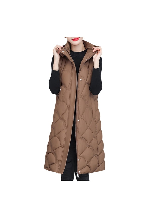 Women's Long Sleeveless Puffer Vest with Hood Fall Winter Lightweight Warm Quilted Jackets Button Zip Down Coat Coffee